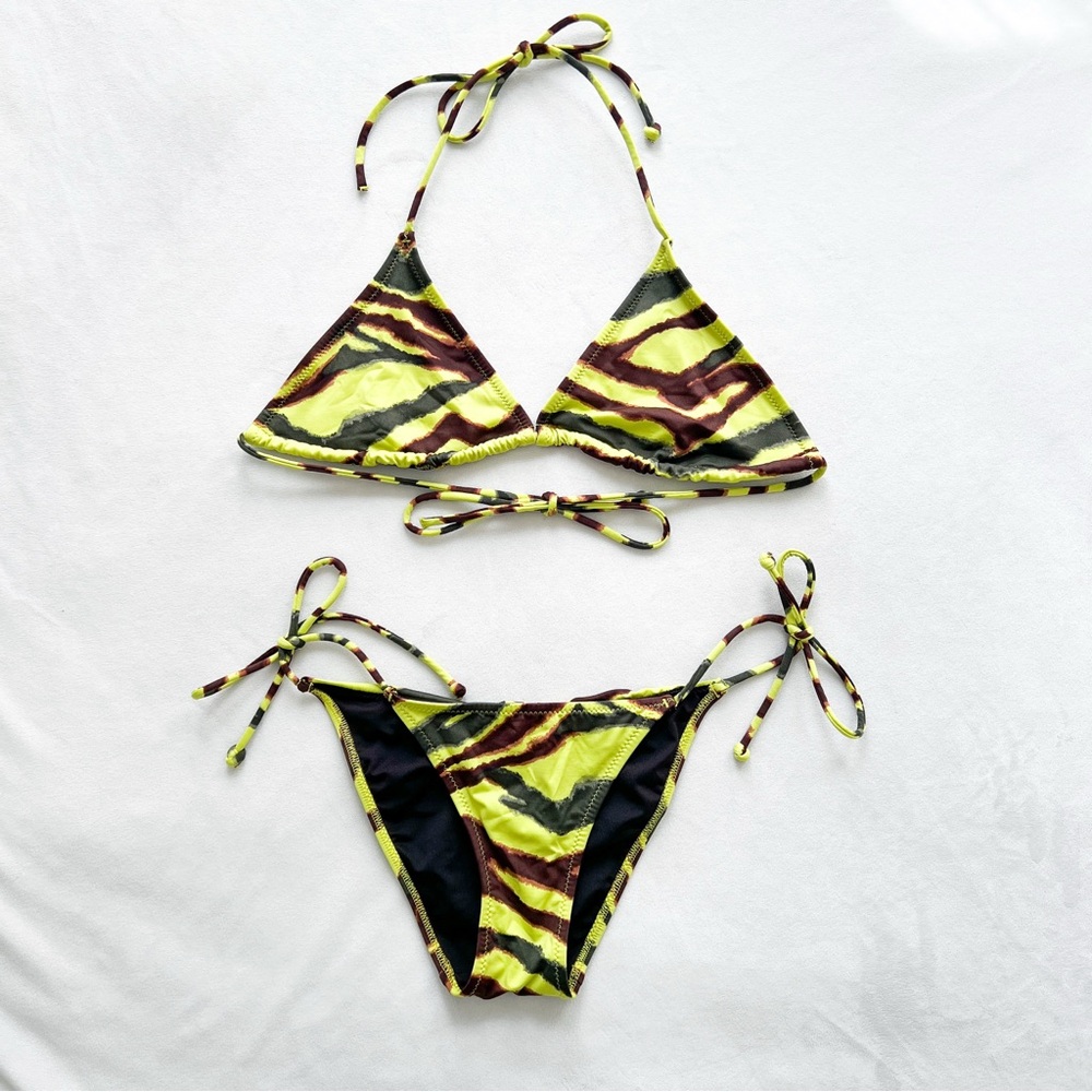 Vibrant Bikini Set with Green and Brown Abstract Pattern